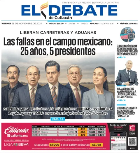 Portada de El Debate de Culiacan del viernes, 28 de noviembre de 2025
