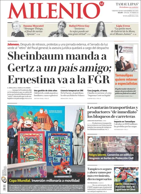Portada de Milenio Tamaulipas del viernes, 28 de noviembre de 2025