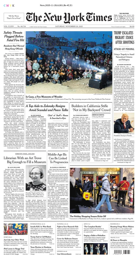 Portada de The New York Times (new York) del sábado, 29 de noviembre de 2025