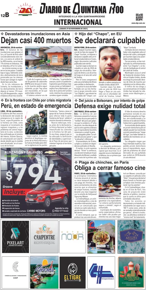 Portada de Diario de Quintana Roo (contra Portada) del sábado, 29 de noviembre de 2025