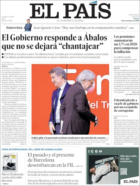 Portada de El Pais del sábado, 29 de noviembre de 2025