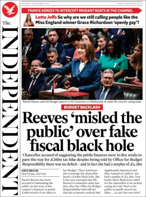 Portada de The Independent del sábado, 29 de noviembre de 2025