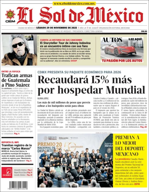 Portada de El Sol de Mexico del sábado, 29 de noviembre de 2025