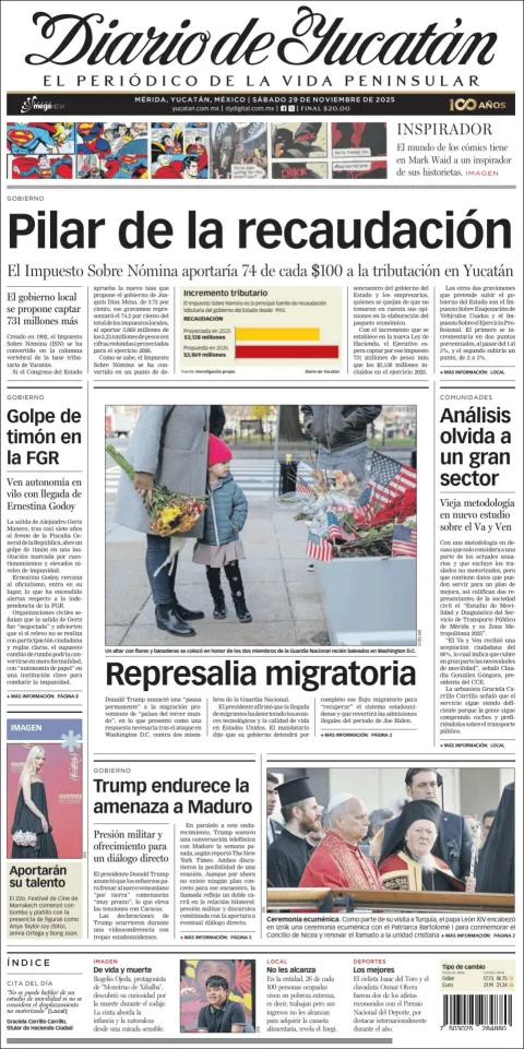 Portada de Diario de Yucatán del sábado, 29 de noviembre de 2025