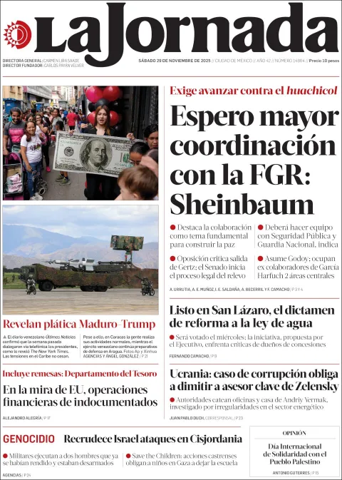 Portada de La Jornada del sábado, 29 de noviembre de 2025