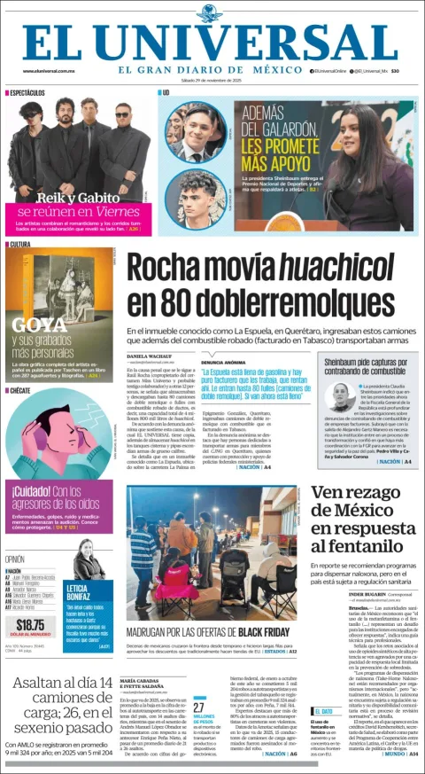Portada de El Universal del sábado, 29 de noviembre de 2025