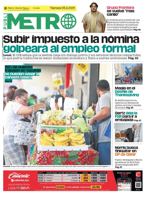 Portada de Publimetro Merida del viernes, 28 de noviembre de 2025