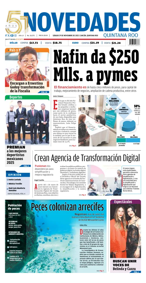 Portada de Novedades Quintana Roo del sábado, 29 de noviembre de 2025