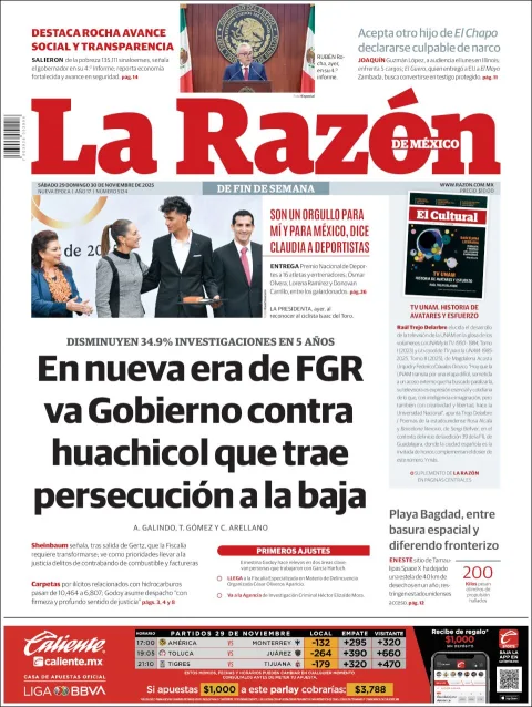 Portada de La Razon del sábado, 29 de noviembre de 2025