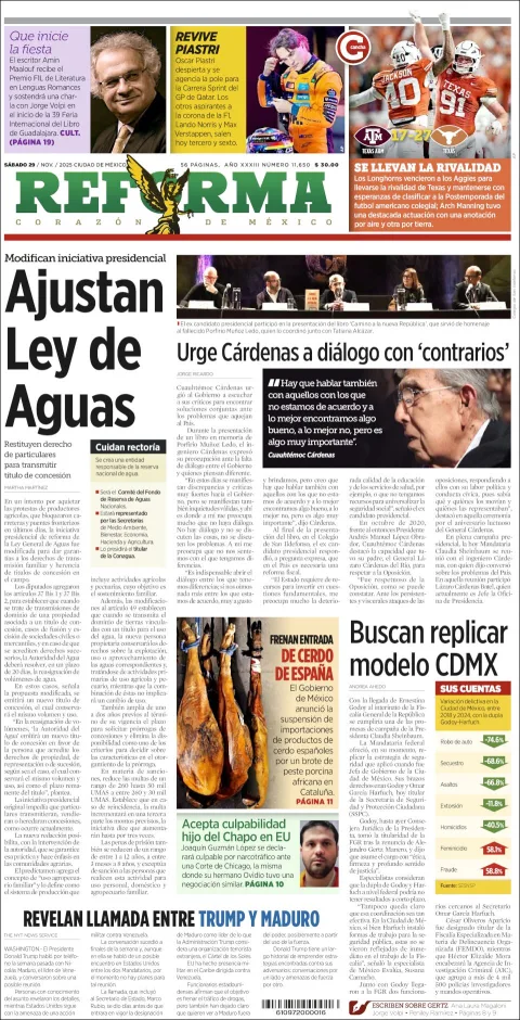 Portada de Reforma del sábado, 29 de noviembre de 2025