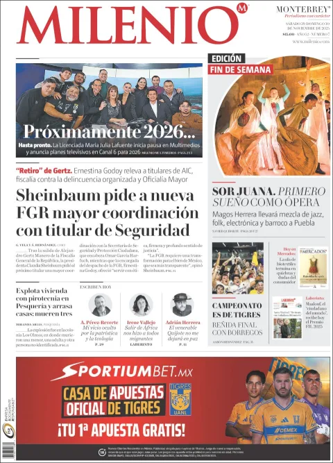 Portada de Milenio del sábado, 29 de noviembre de 2025