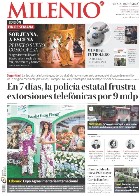 Portada de Milenio Edo de Mexico del sábado, 29 de noviembre de 2025
