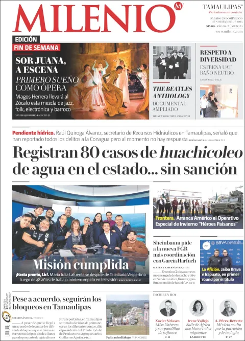 Portada de Milenio Tamaulipas del sábado, 29 de noviembre de 2025