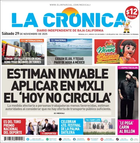 Portada de La Cronica del sábado, 29 de noviembre de 2025