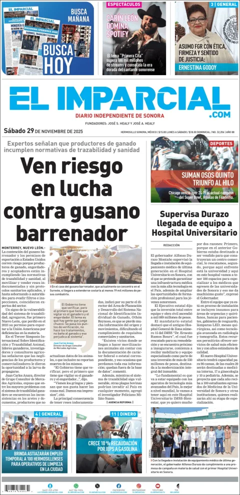 Portada de El Imparcial del sábado, 29 de noviembre de 2025