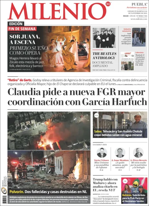 Portada de Milenio Puebla del sábado, 29 de noviembre de 2025