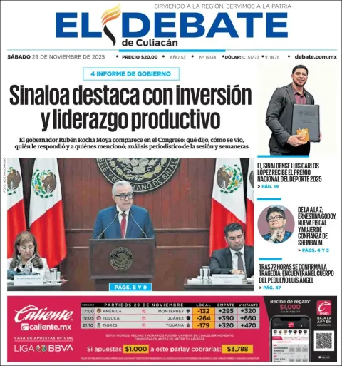 Portada de El Debate de Culiacan del sábado, 29 de noviembre de 2025