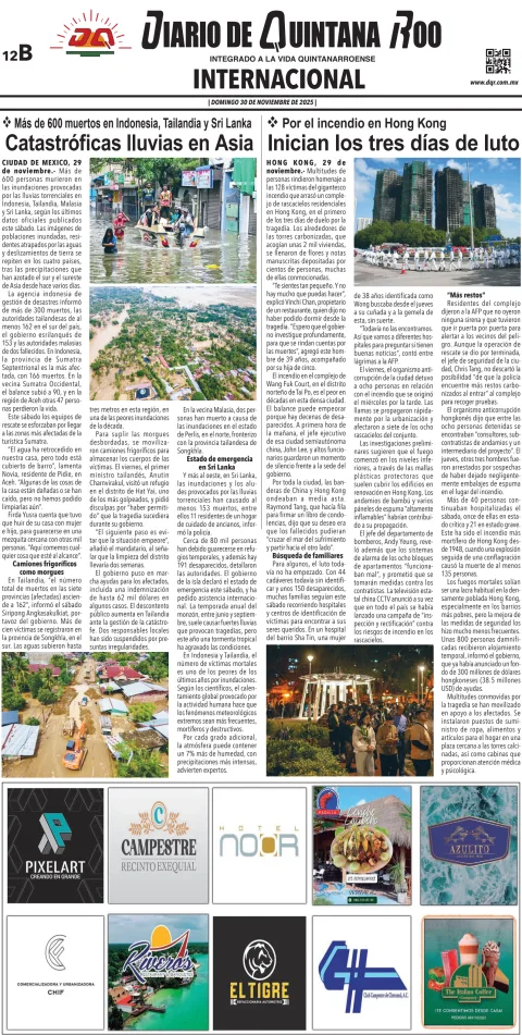 Portada de Diario de Quintana Roo (contra Portada) del domingo, 30 de noviembre de 2025