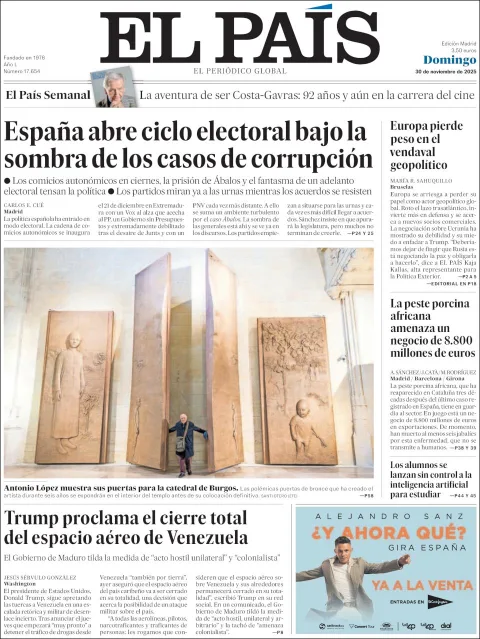 Portada de El Pais del domingo, 30 de noviembre de 2025