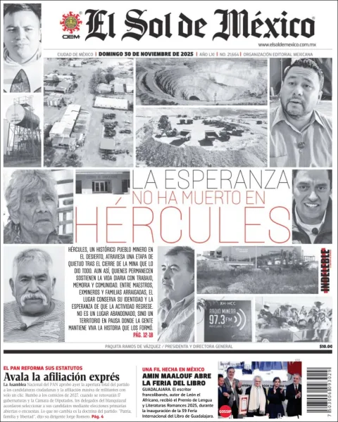 Portada de El Sol de Mexico del domingo, 30 de noviembre de 2025