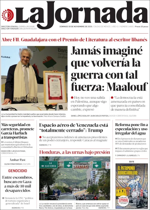 Portada de La Jornada del domingo, 30 de noviembre de 2025
