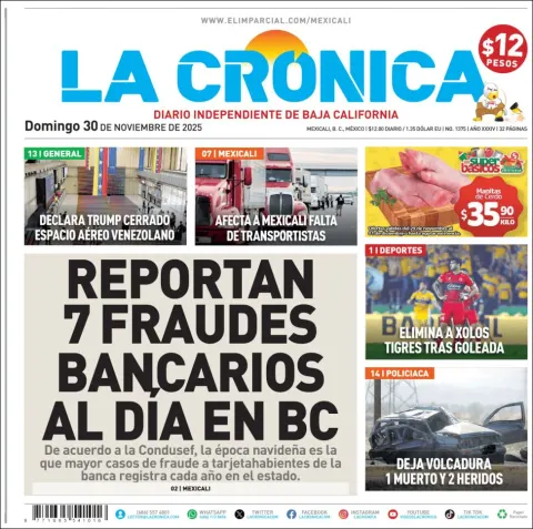 Portada de La Cronica del domingo, 30 de noviembre de 2025