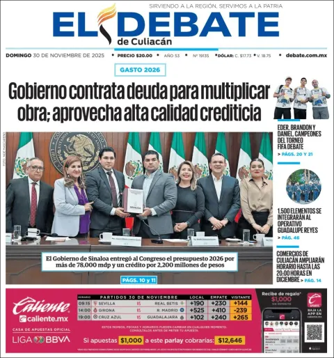 Portada de El Debate de Culiacan del domingo, 30 de noviembre de 2025