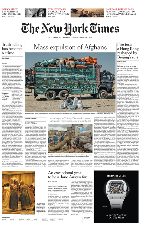 Portada de The New York Times (international) del lunes, 1 de diciembre de 2025
