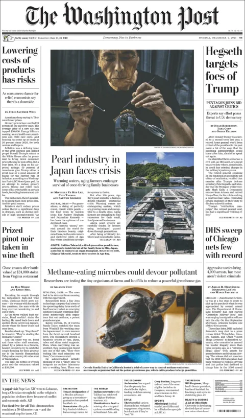 Portada de The Washington Post del lunes, 1 de diciembre de 2025