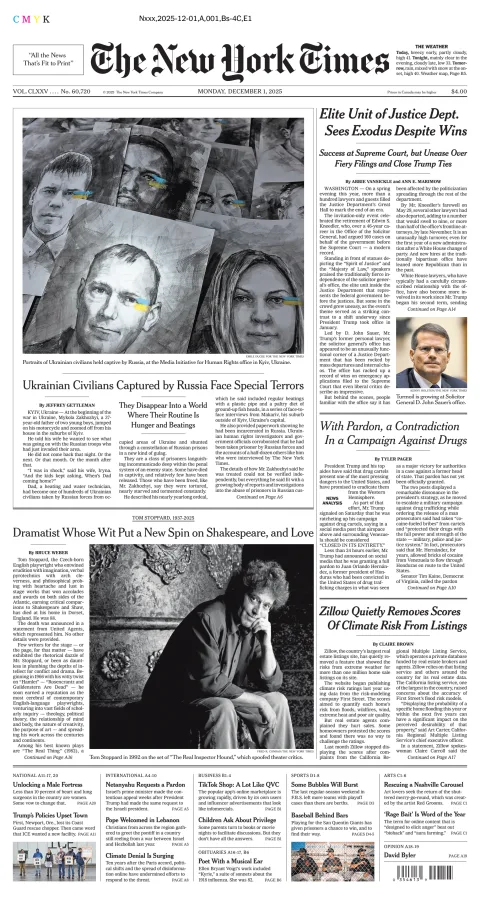 Portada de The New York Times (new York) del lunes, 1 de diciembre de 2025