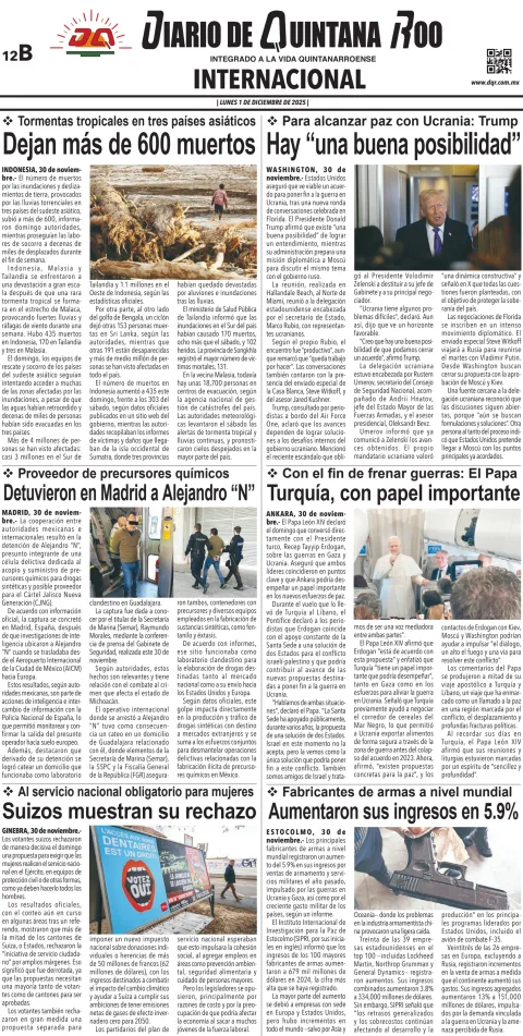 Portada de Diario de Quintana Roo (contra Portada) del lunes, 1 de diciembre de 2025
