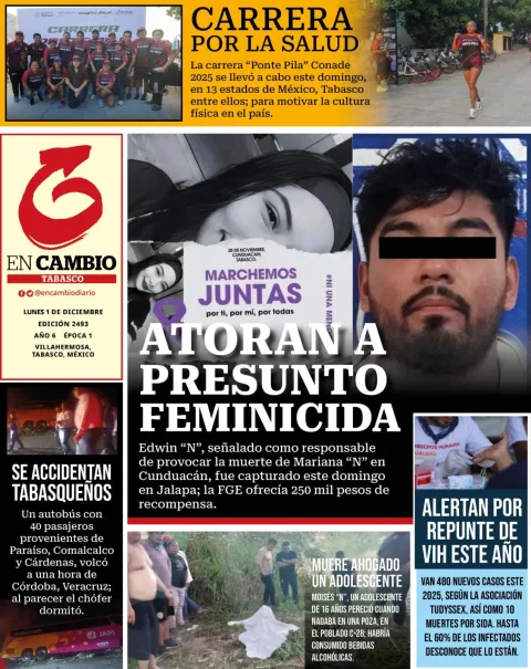 Portada de En Cambio - Tabasco (contraportada) del lunes, 1 de diciembre de 2025