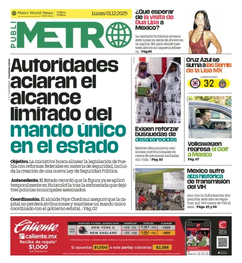 Portada de Publimetro Puebla del lunes, 1 de diciembre de 2025