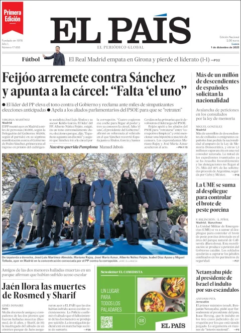 Portada de El Pais del lunes, 1 de diciembre de 2025