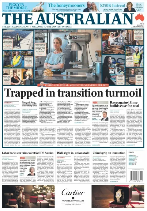 Portada de The Australian del lunes, 1 de diciembre de 2025