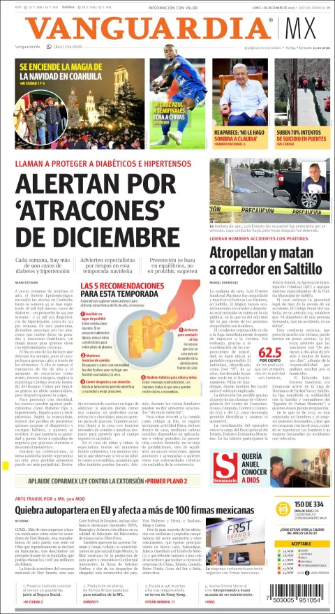 Portada de Vanguardia del lunes, 1 de diciembre de 2025