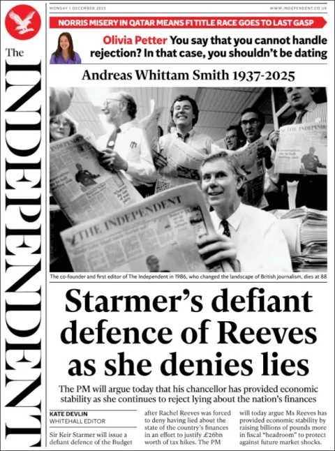 Portada de The Independent del lunes, 1 de diciembre de 2025