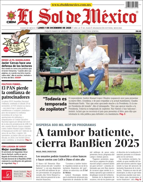Portada de El Sol de Mexico del lunes, 1 de diciembre de 2025