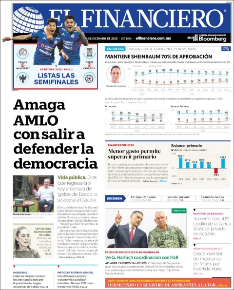Portada de El Financiero del lunes, 1 de diciembre de 2025