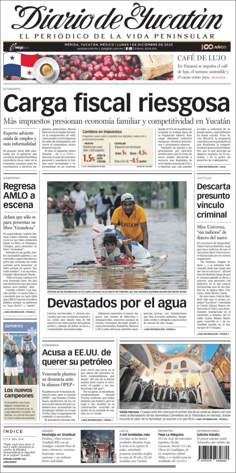 Portada de Diario de Yucatán del lunes, 1 de diciembre de 2025