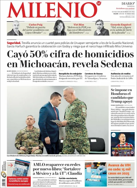 Portada de Milenio del lunes, 1 de diciembre de 2025