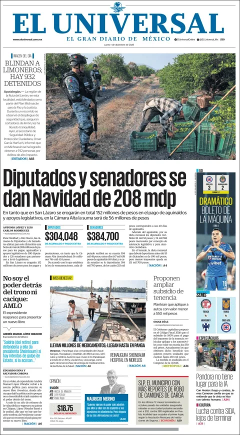 Portada de El Universal del lunes, 1 de diciembre de 2025