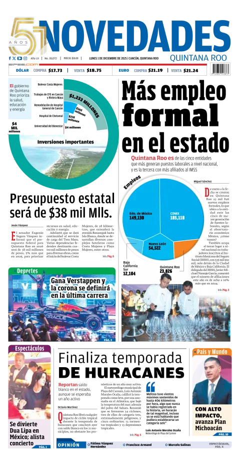 Portada de Novedades Quintana Roo del lunes, 1 de diciembre de 2025