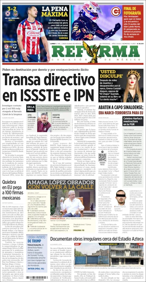 Portada de Reforma del lunes, 1 de diciembre de 2025