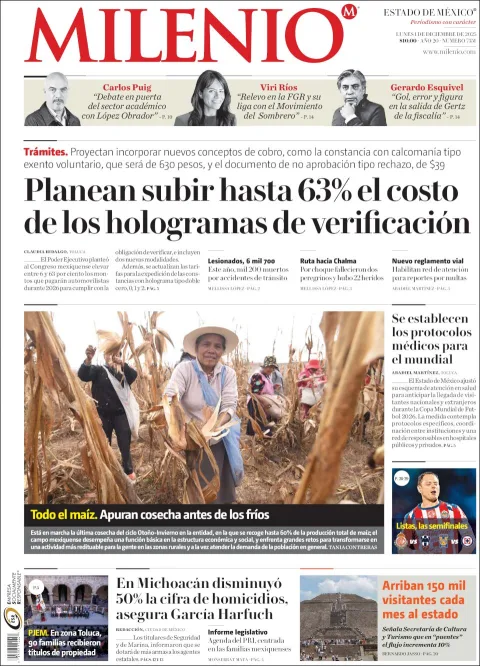 Portada de Milenio Edo de Mexico del lunes, 1 de diciembre de 2025