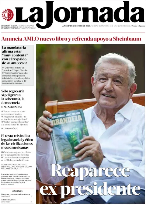 Portada de La Jornada del lunes, 1 de diciembre de 2025