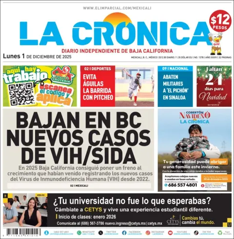 Portada de La Cronica del lunes, 1 de diciembre de 2025