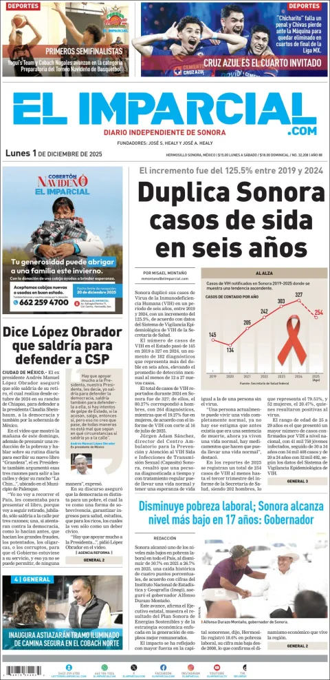 Portada de El Imparcial del lunes, 1 de diciembre de 2025