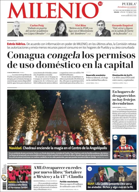 Portada de Milenio Puebla del lunes, 1 de diciembre de 2025