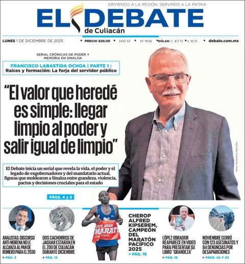 Portada de El Debate de Culiacan del lunes, 1 de diciembre de 2025
